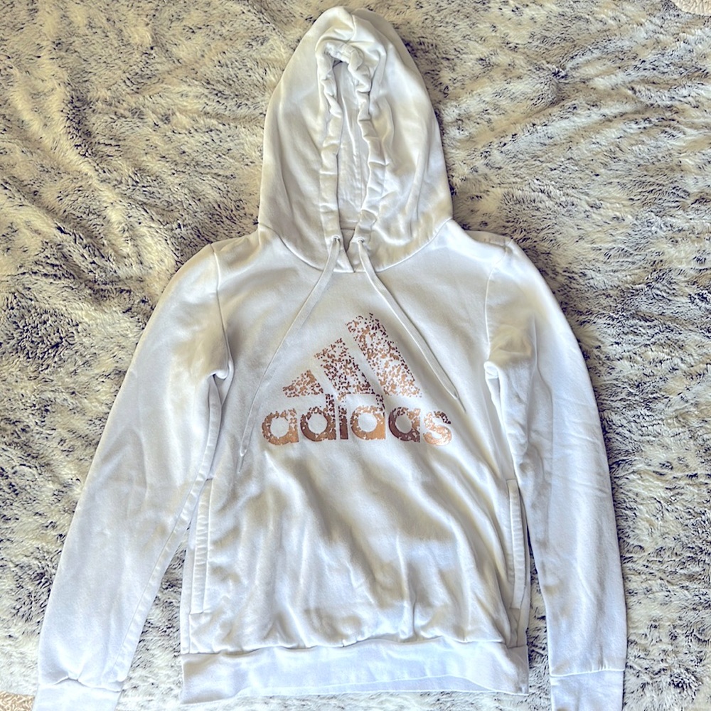 White Adidas Hoodie with Rose Gold Lettering Size: Small